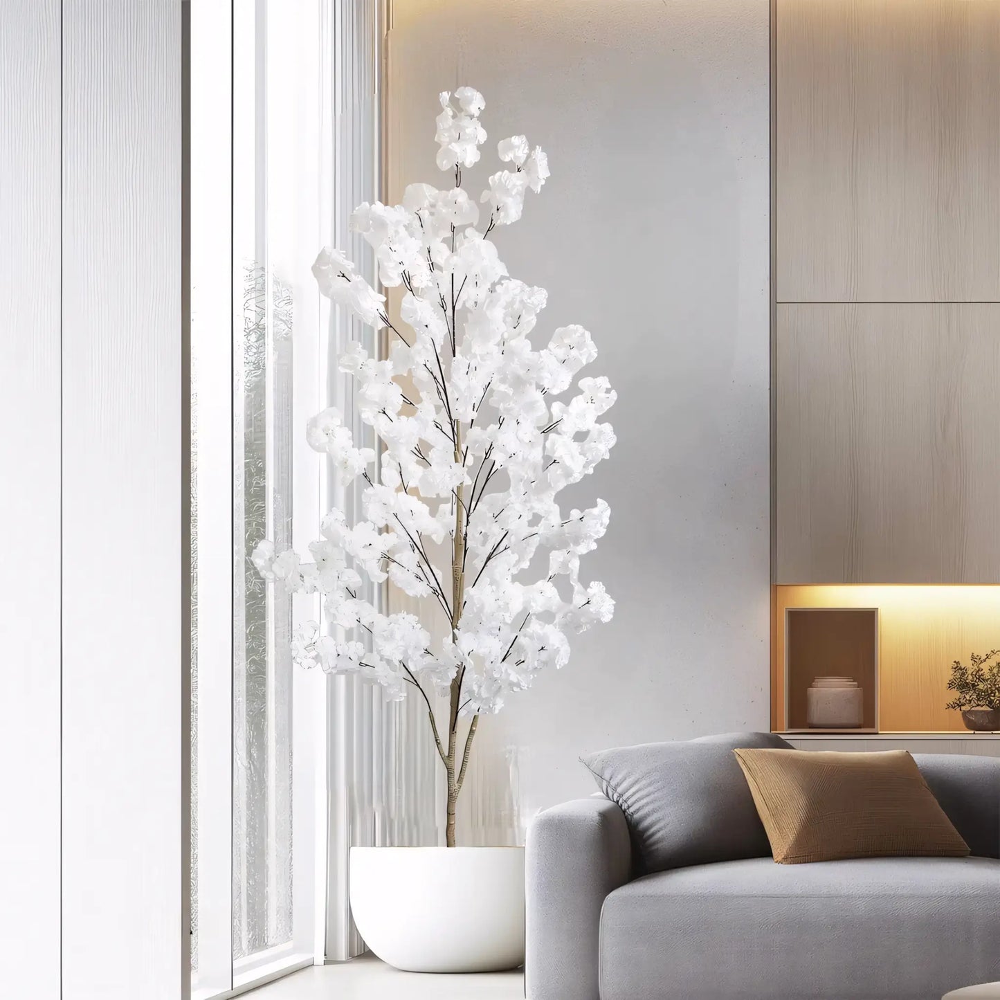 Árvore Artificial de Cerejeira Branca – Planta Decorativa com Flores de Seda e Tronco Natural