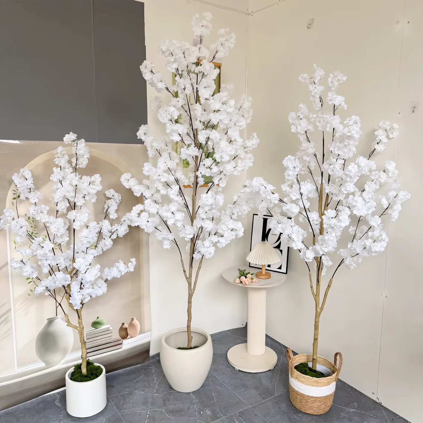 Árvore Artificial de Cerejeira Branca – Planta Decorativa com Flores de Seda e Tronco Natural