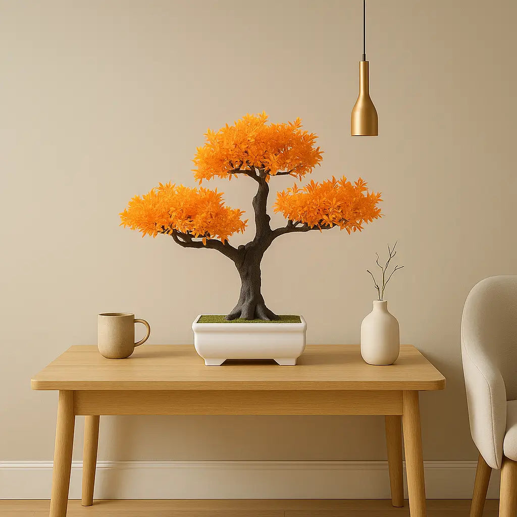 Bonsai Artificial Florido Laranja - Planta Decorativa com Vaso Branco