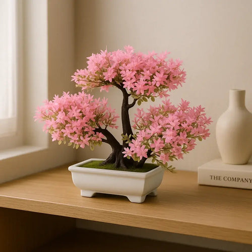 Bonsai Artificial Florido Rosa - Planta Decorativa com Vaso Branco