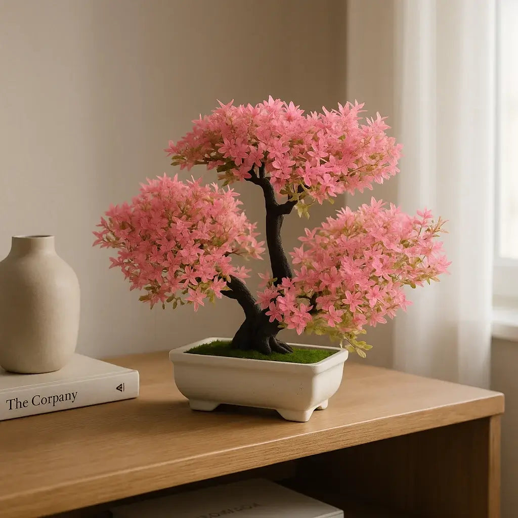 Bonsai Artificial Florido Rosa - Planta Decorativa com Vaso Branco