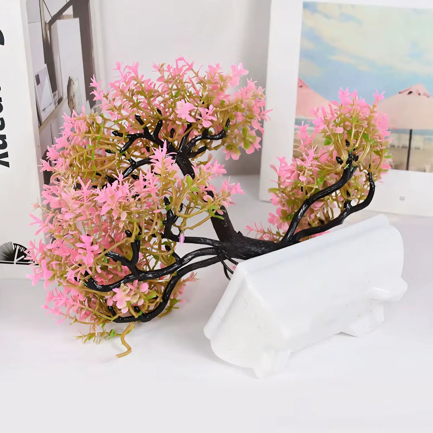 Bonsai Artificial Florido Rosa - Planta Decorativa com Vaso Branco