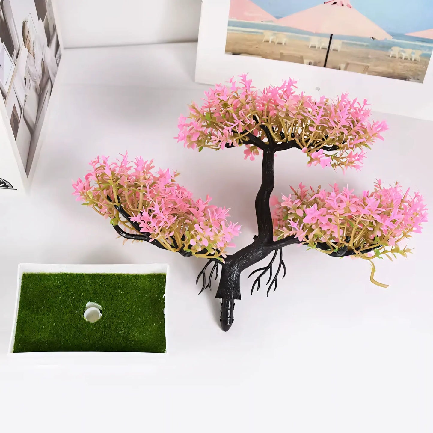 Bonsai Artificial Florido Rosa - Planta Decorativa com Vaso Branco