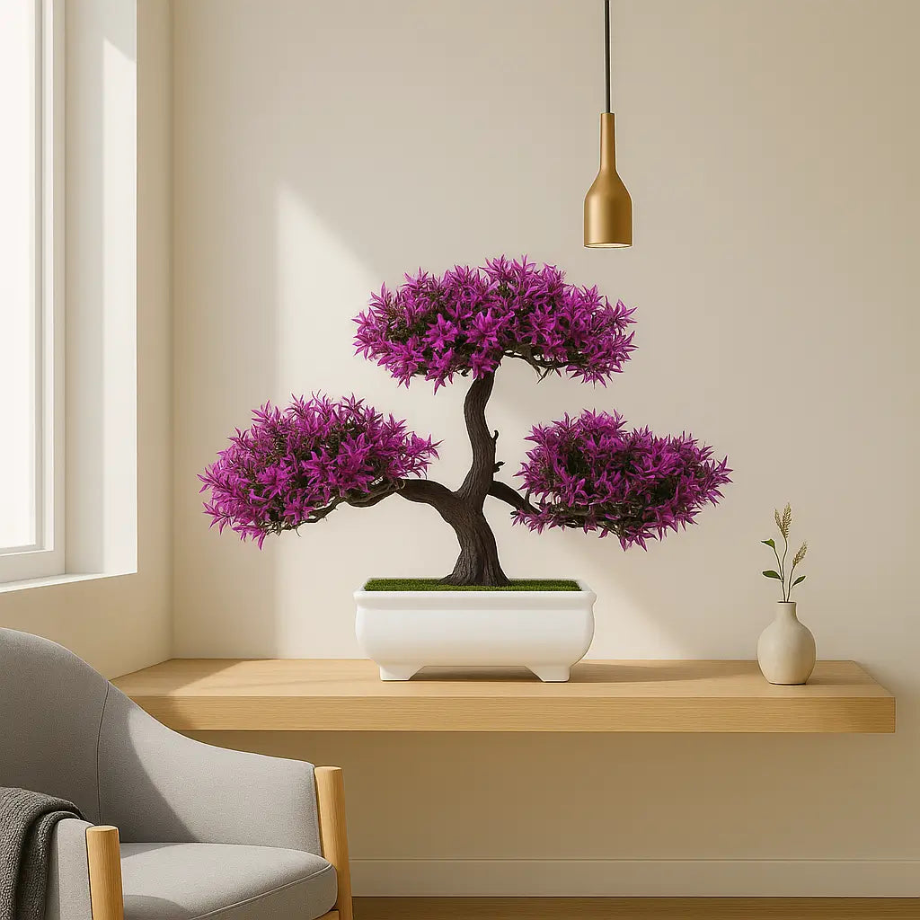 Bonsai Artificial Florido Roxo - Planta Decorativa com Vaso Branco