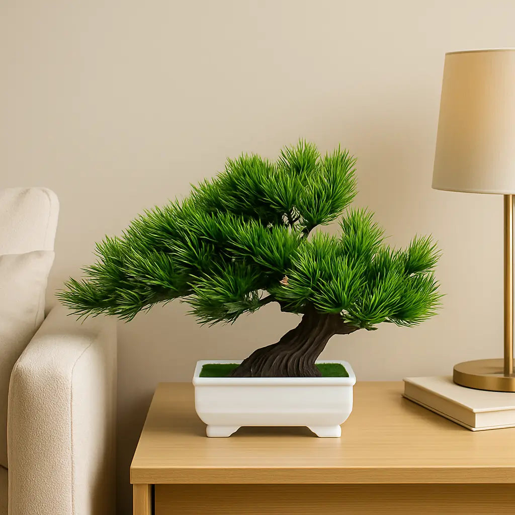 Bonsai Artificial Verde Clássico – Árvore Decorativa Estilo Pinheiro com Vaso Branco