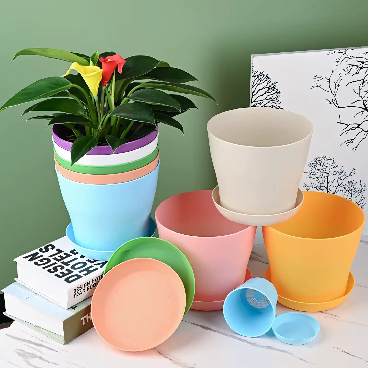 Vaso Colorido para Plantas e Suculentas Plástico Resistente com Prato