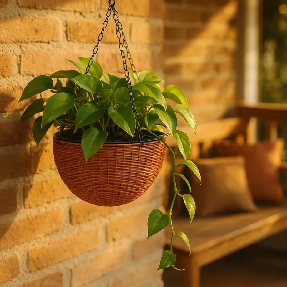 Vaso de Planta Suspenso de Plástico Rattan com Corrente