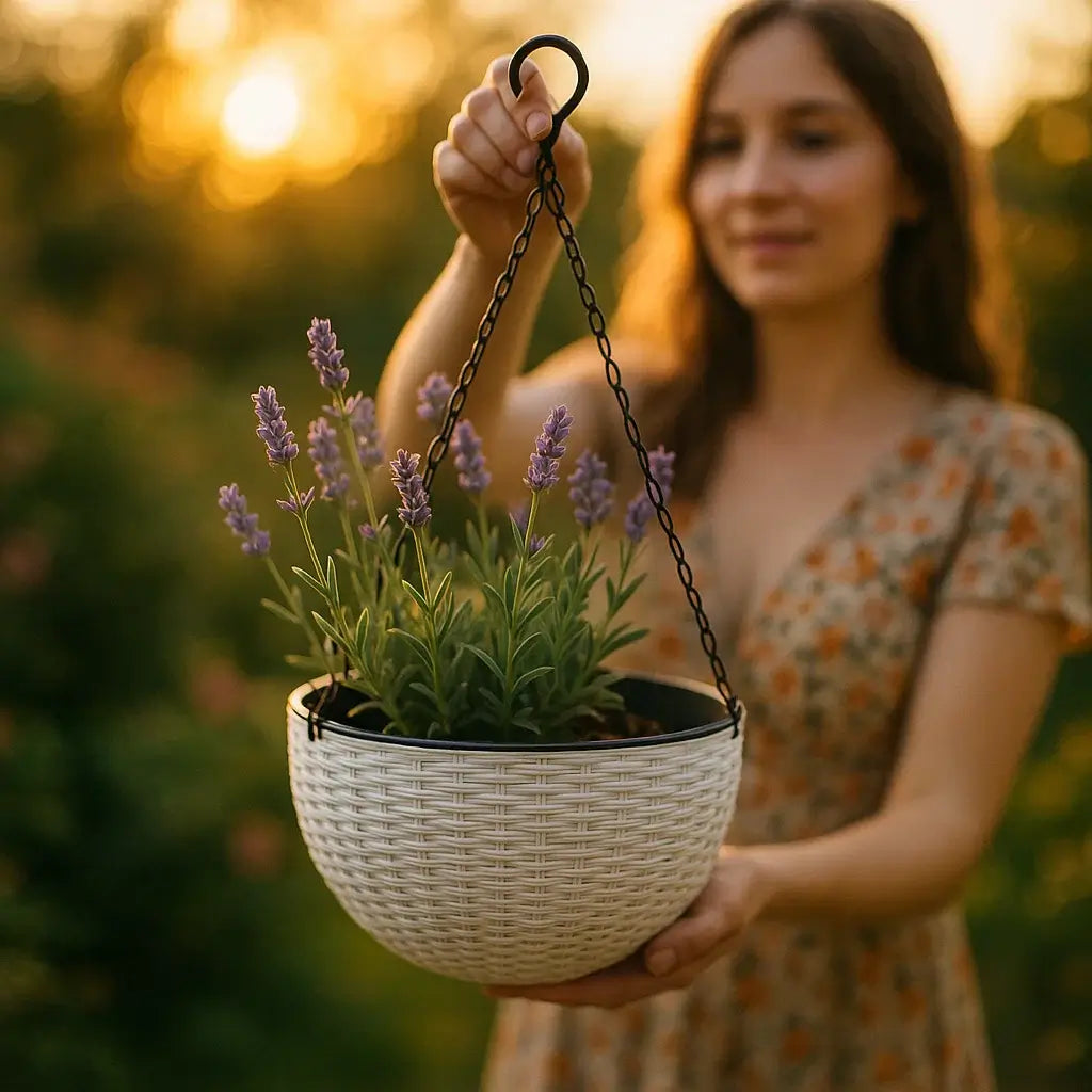 Vaso de Planta Suspenso de Plástico Rattan com Corrente
