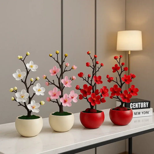 Arranjo Artificial Flor de Ameixa Planta Decorativa com Vaso Branco