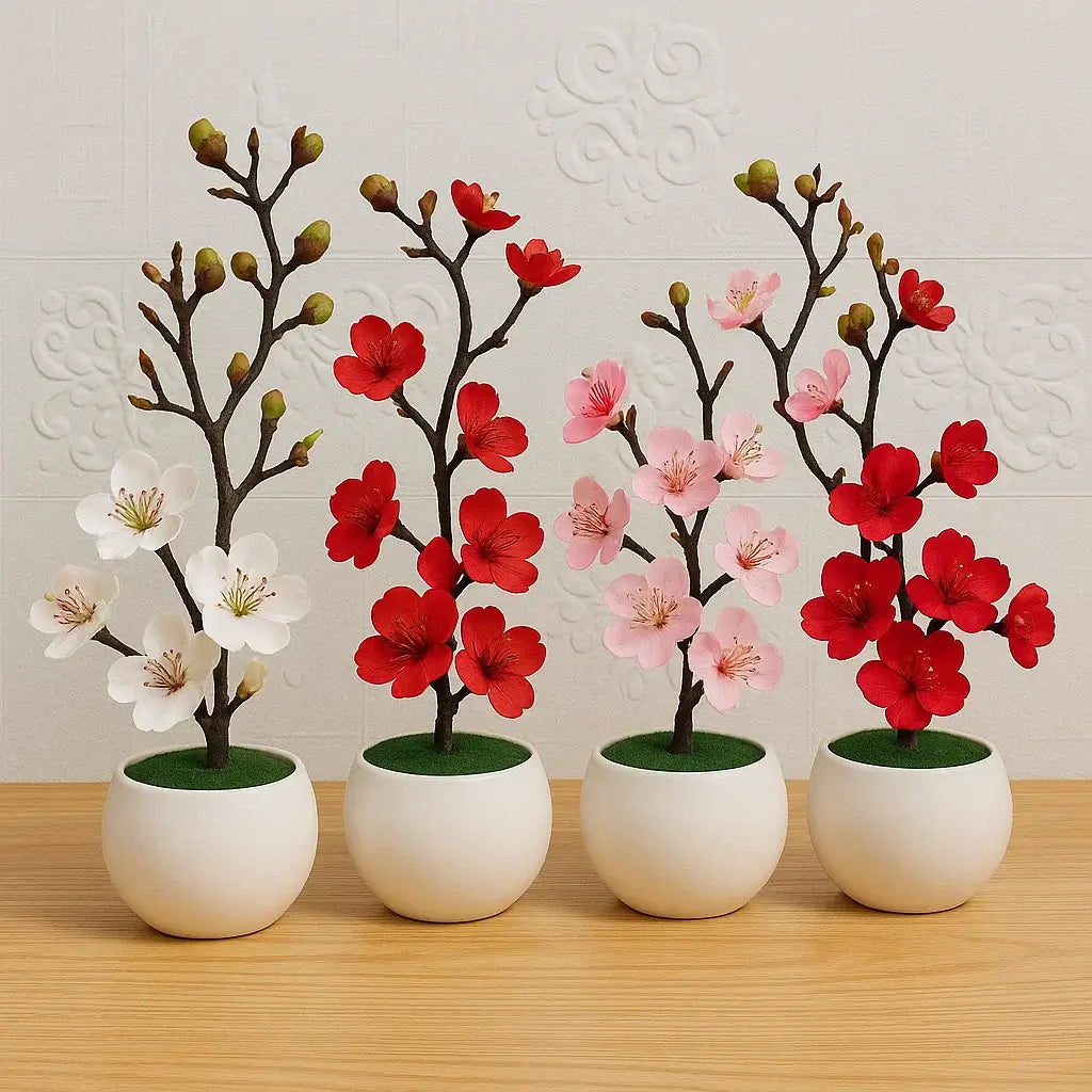 Arranjo Artificial Flor de Ameixa Planta Decorativa com Vaso Branco