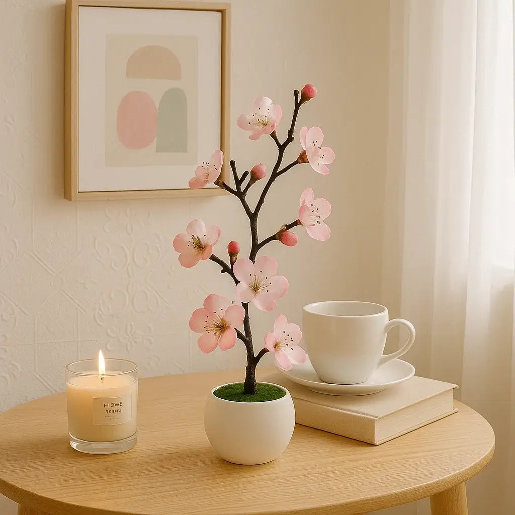Arranjo Artificial Flor de Ameixa Planta Decorativa com Vaso Branco
