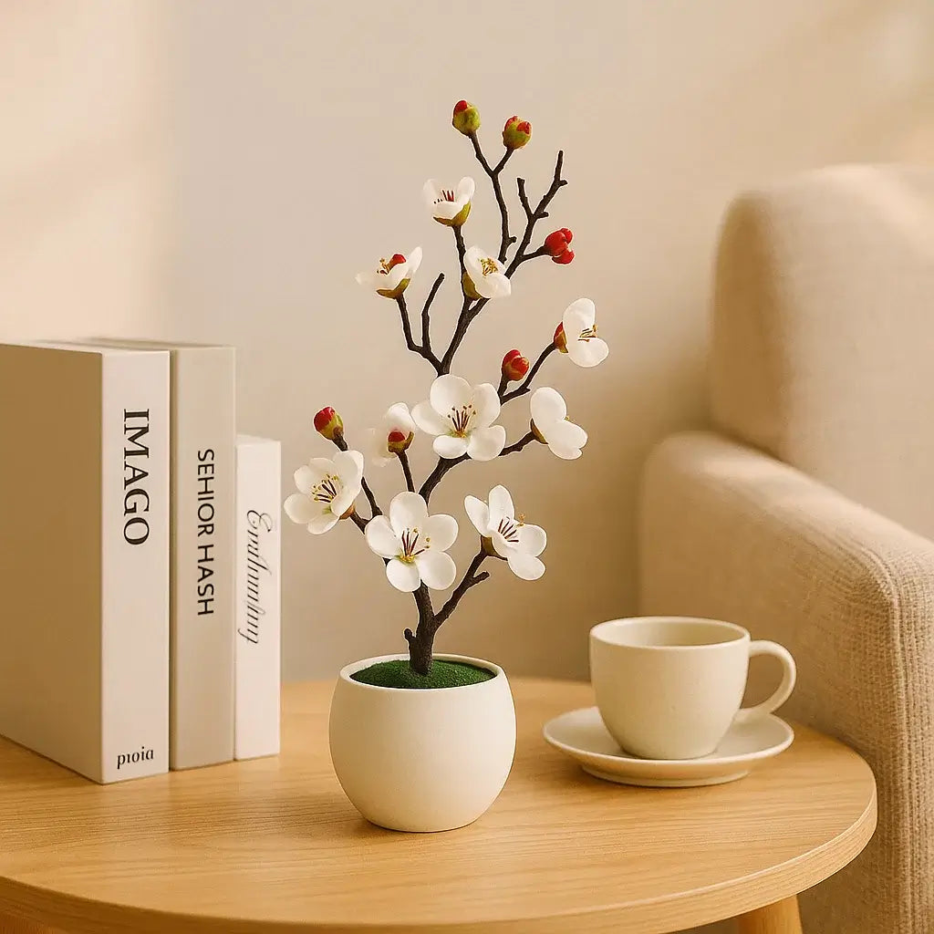 Arranjo Artificial Flor de Ameixa Planta Decorativa com Vaso Branco