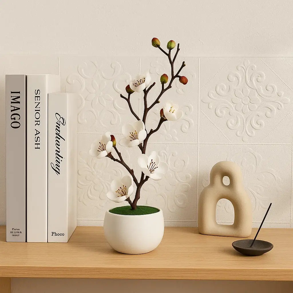 Arranjo Artificial Flor de Ameixa Planta Decorativa com Vaso Branco