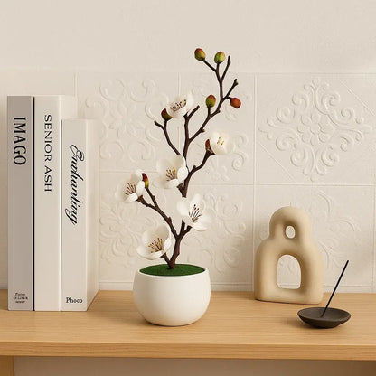 Arranjo Artificial Flor de Ameixa Planta Decorativa com Vaso Branco