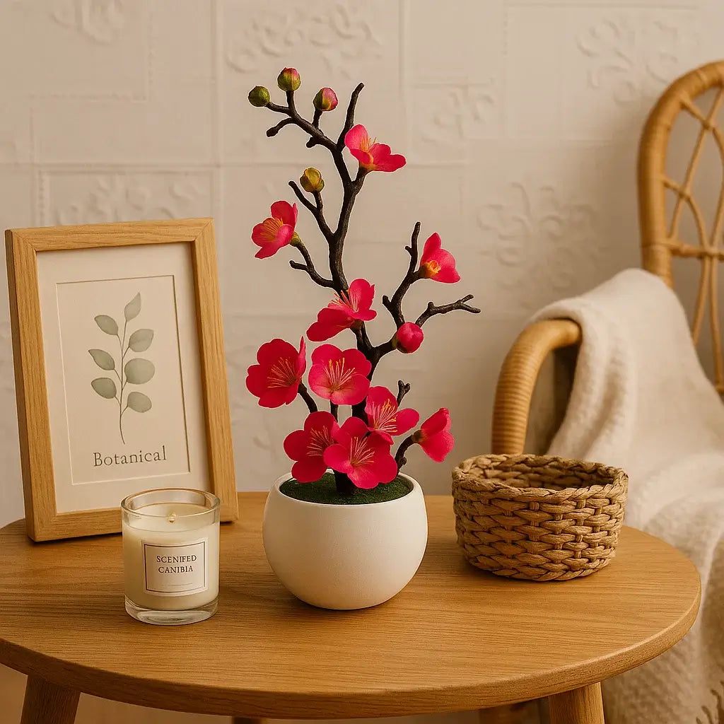 Arranjo Artificial Flor de Ameixa Planta Decorativa com Vaso Branco