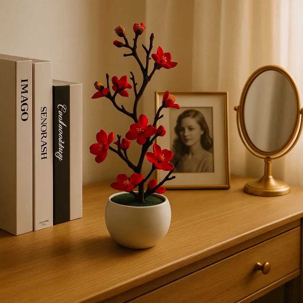 Arranjo Artificial Flor de Ameixa Planta Decorativa com Vaso Branco