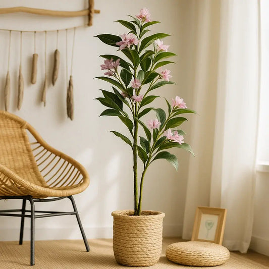 Árvore Artificial Tropical Rosa – Ficus Realista com Flores para Decoração