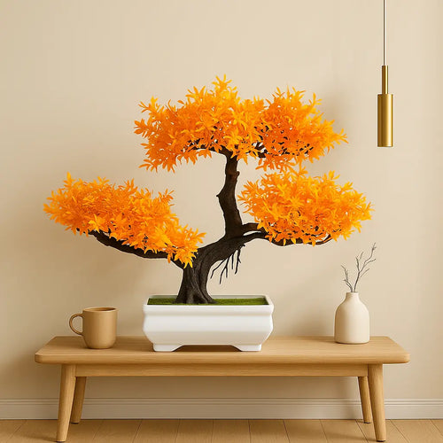 Bonsai Artificial Florido Laranja - Planta Decorativa com Vaso Branco