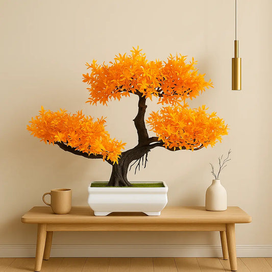 Bonsai Artificial Florido Laranja - Planta Decorativa com Vaso Branco