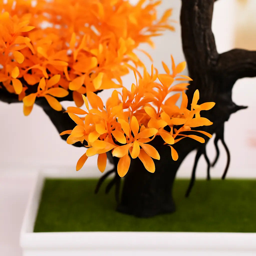 Bonsai Artificial Florido Laranja - Planta Decorativa com Vaso Branco