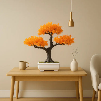 Bonsai Artificial Florido Laranja - Planta Decorativa com Vaso Branco