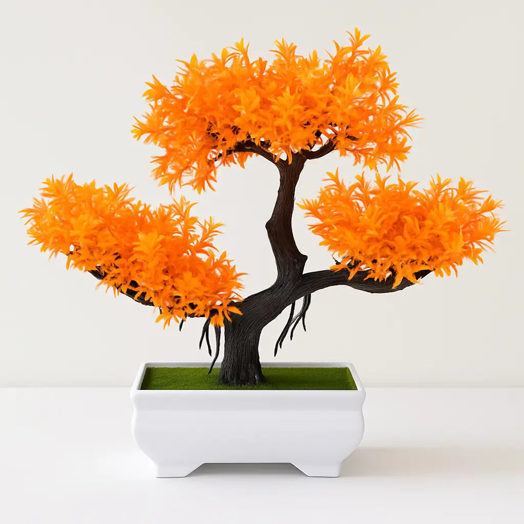Bonsai Artificial Florido Laranja - Planta Decorativa com Vaso Branco
