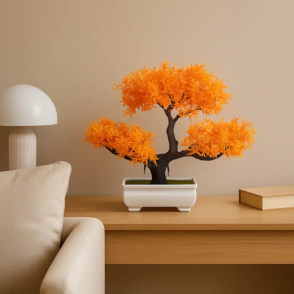 Bonsai Artificial Florido Laranja - Planta Decorativa com Vaso Branco