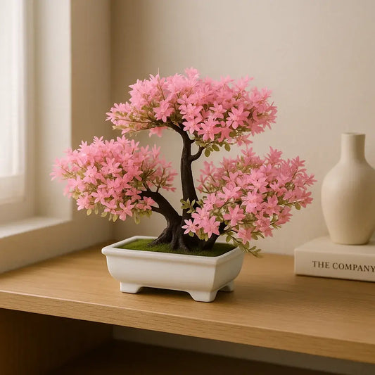 Bonsai Artificial Florido Rosa - Planta Decorativa com Vaso Branco