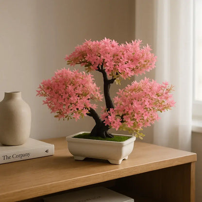 Bonsai Artificial Florido Rosa - Planta Decorativa com Vaso Branco