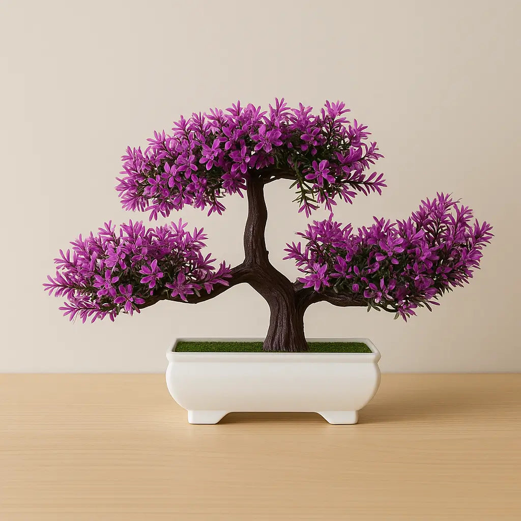 Bonsai Artificial Florido Roxo - Planta Decorativa com Vaso Branco