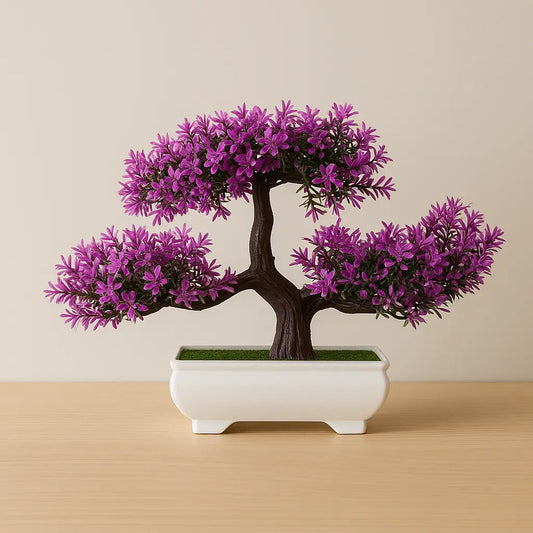 Bonsai Artificial Florido Roxo - Planta Decorativa com Vaso Branco