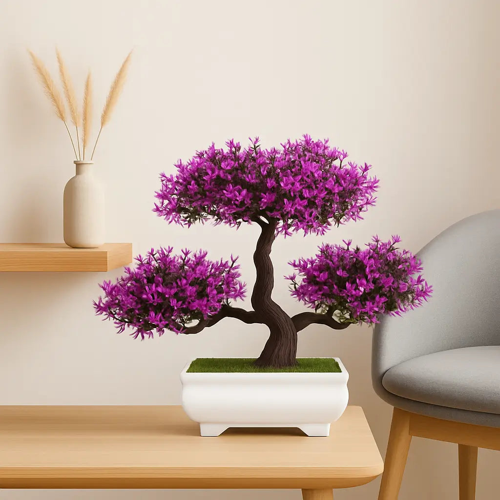 Bonsai Artificial Florido Roxo - Planta Decorativa com Vaso Branco