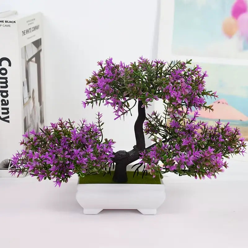 Bonsai Artificial Florido Roxo - Planta Decorativa com Vaso Branco