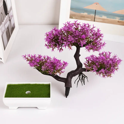 Bonsai Artificial Florido Roxo - Planta Decorativa com Vaso Branco