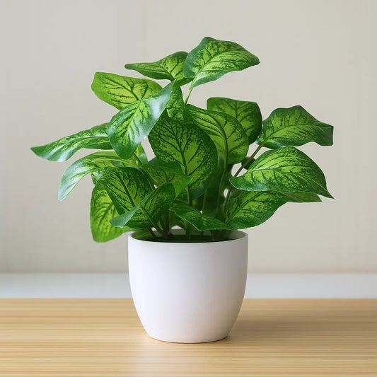 Planta Artificial Realista Folha Rajada Verde Decoração Tropical com Vaso Branco
