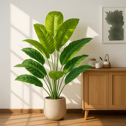 Planta Artificial Tropical com Folhas Verdes e Amarelas Decoração Realista