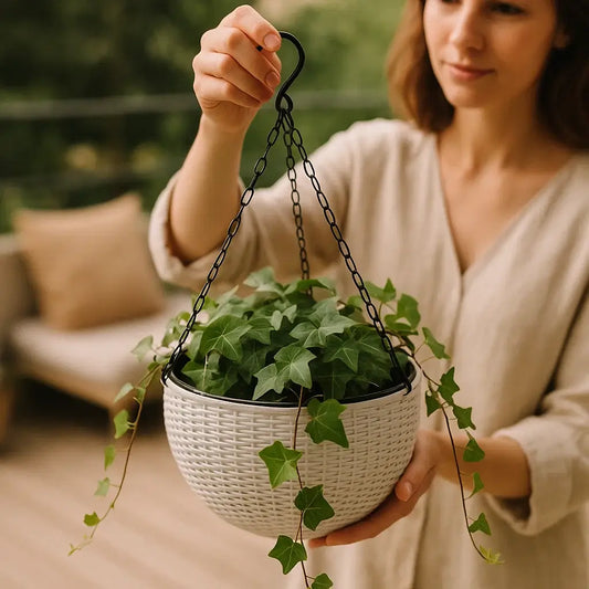 Vaso de Planta Suspenso de Plástico Rattan com Corrente